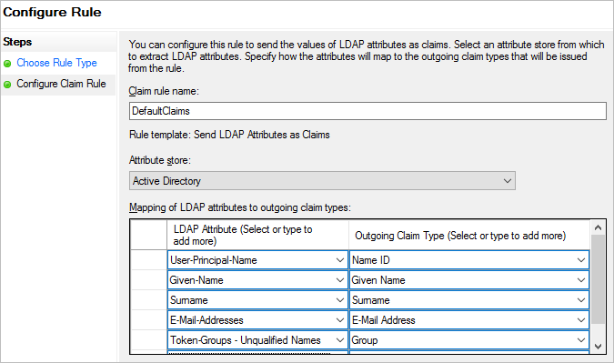 Configure Rule - DefaultClaims